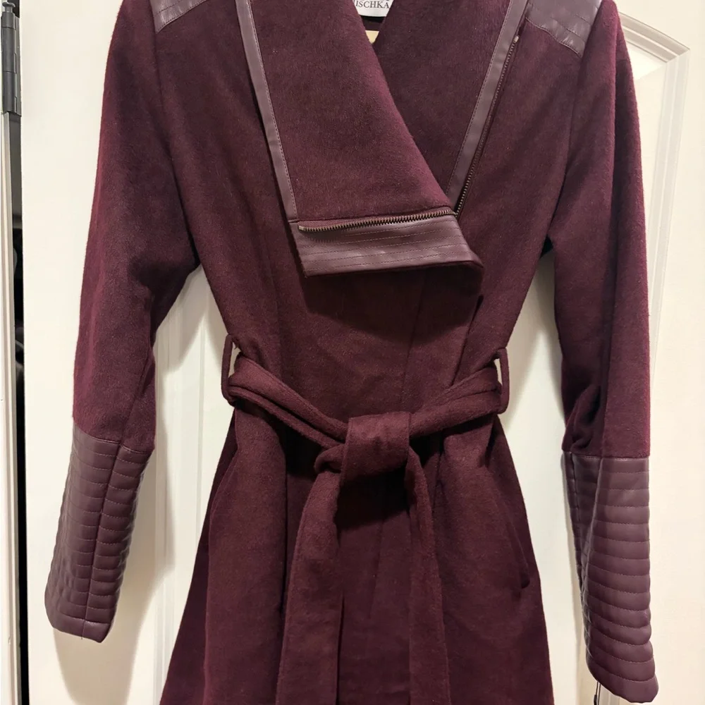 Badgley Mischka Burgundy Coat with Leather Accents NWT - Picture 2 of 13